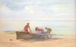 John La Farge - Peintures - Femmes tirant un canoë sur le sable