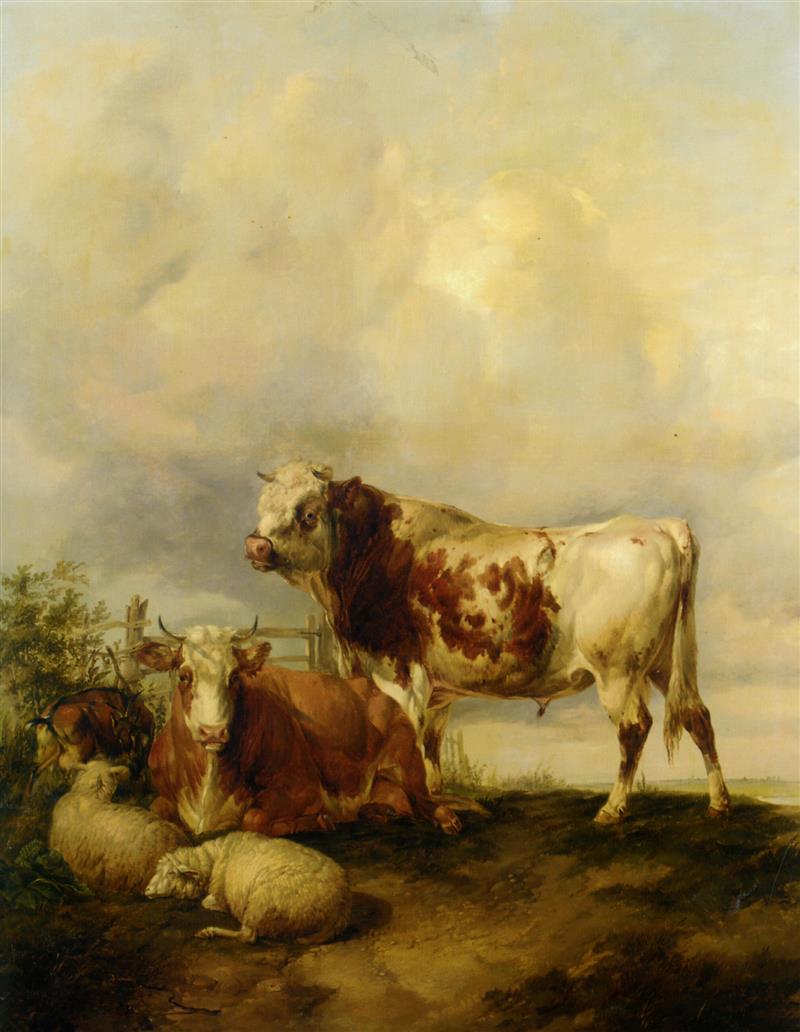 A Bull and Cow with Two Sheep and Goat Painting