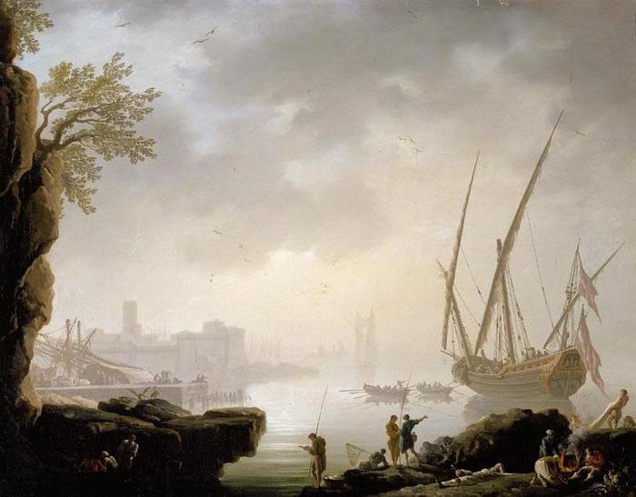 A Coastal Landscape with a Harbour in the Early Morning