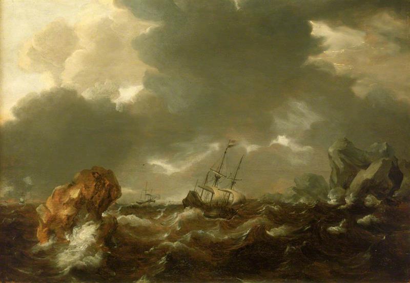 A Dutch Mercant Ship Running between Rocks in Rough Weather
