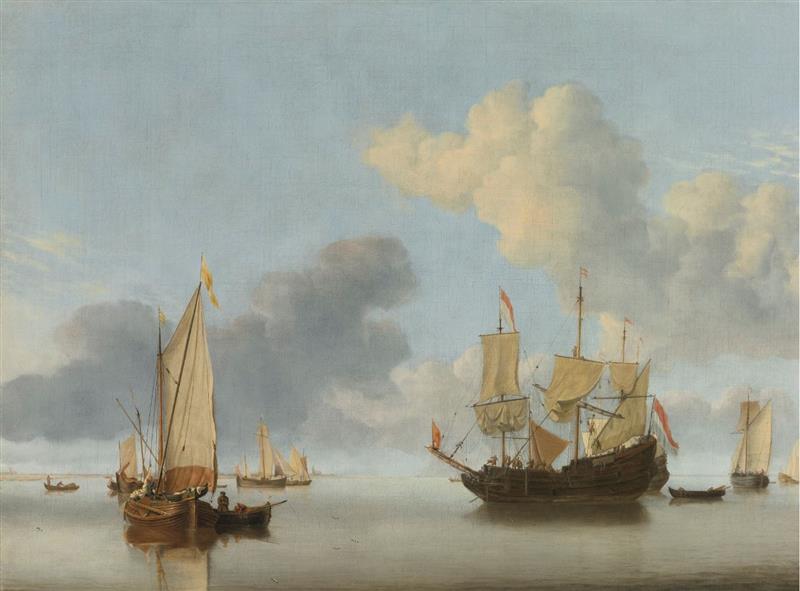A Dutch ship at anchor drying sails and a Kaag under sail