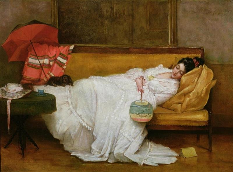 A Girl with a Japanese Fan Asleep on a Sofa