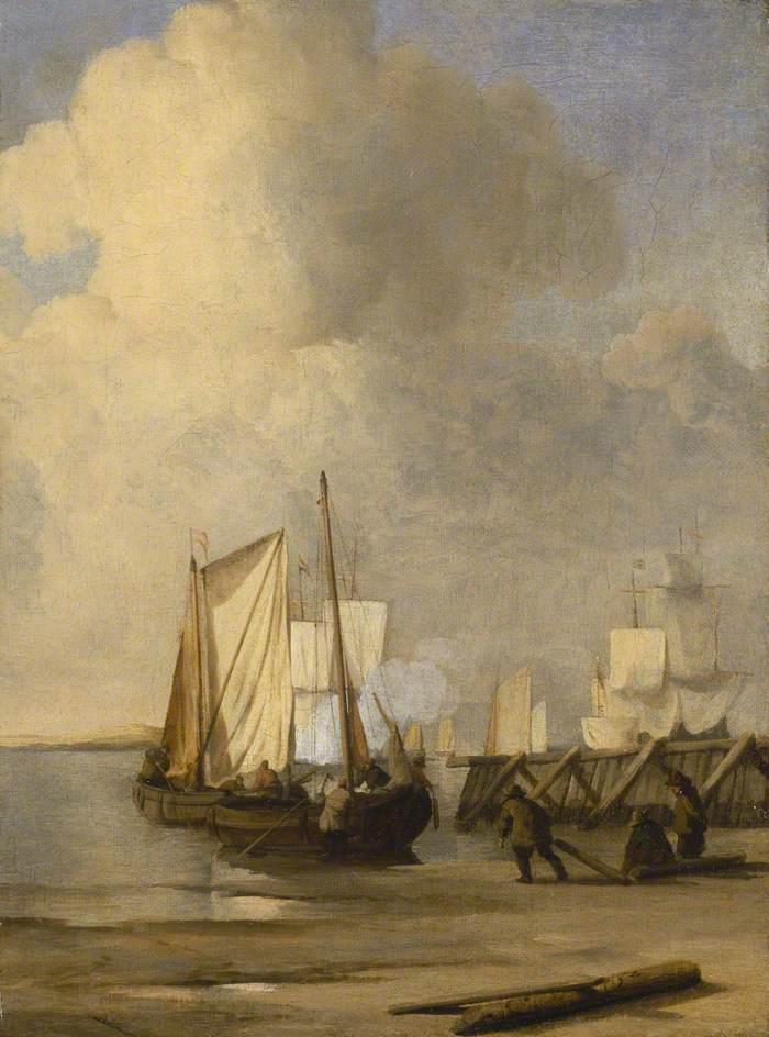 A Kaag coming Ashore near a Groyne with Ships and Vessels under Sail Beyond