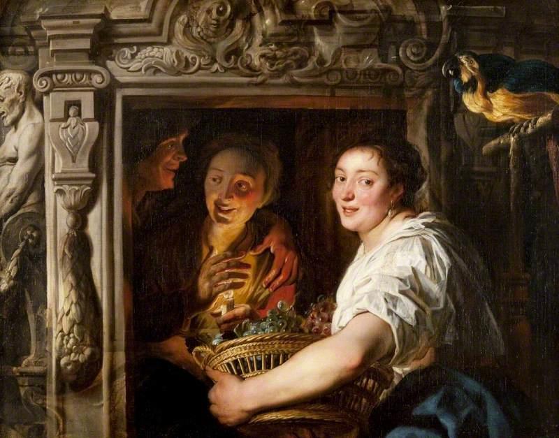 A Maidservant with a Basket of Fruit and Two Lovers