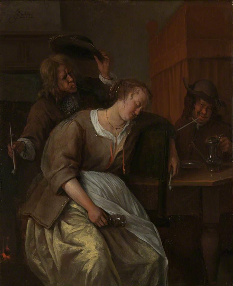 A Man Blowing Smoke at a Drunken Woman, Another Man with a Wine Pot