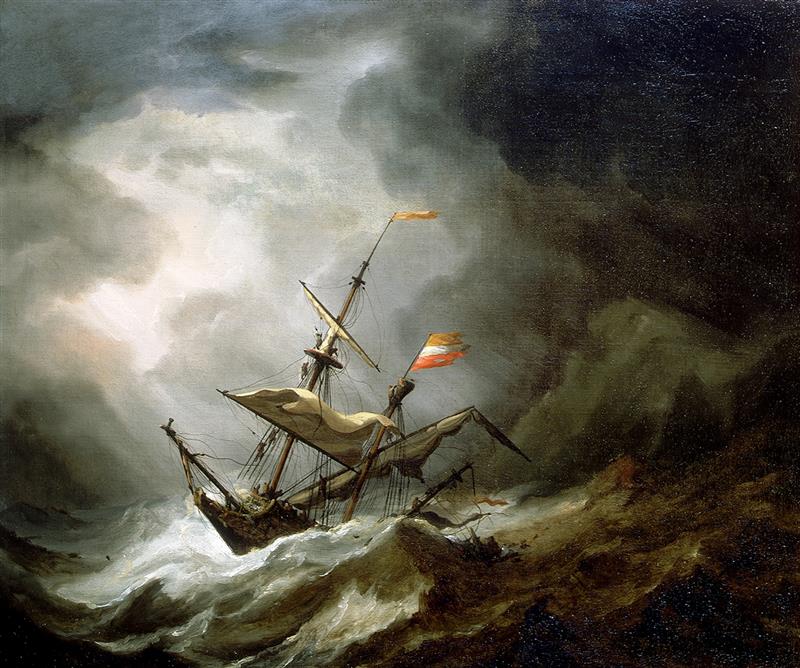 A Mediterranean Brigantine Drifting Onto a Rocky Coast in a Storm