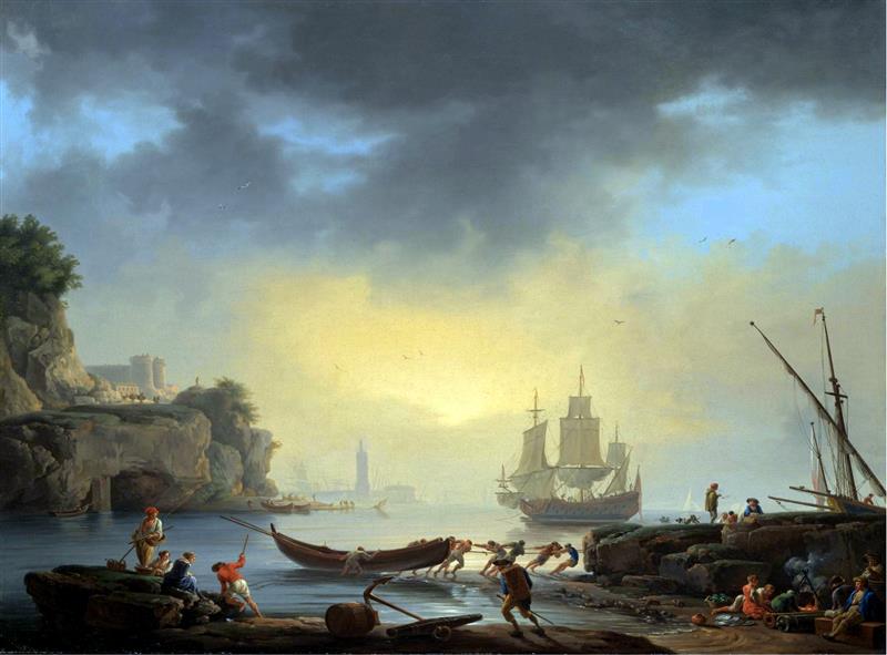 A Mediterranean Coastal Scene with Fishermen Bringing in their Boats