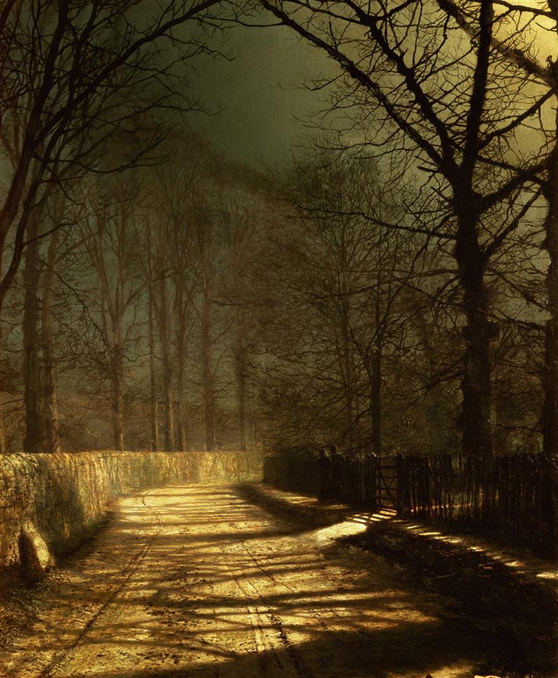 A Moonlit Lane, with two lovers by a gate