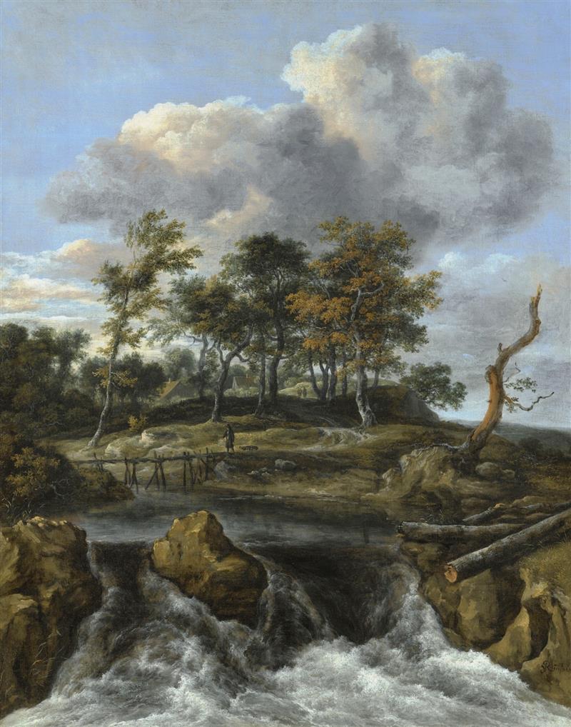 A River Landscape with a Man crossing a Bridge above a Waterfall