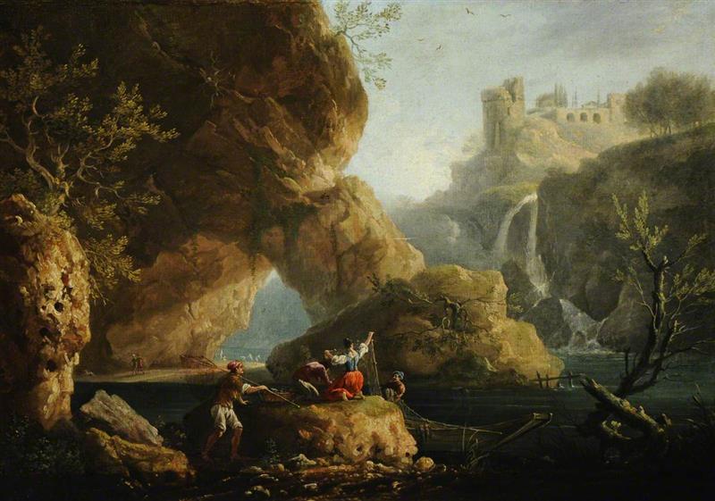 A Rocky Landscape with Fishermen mending Nets by the Falls at Tivoli