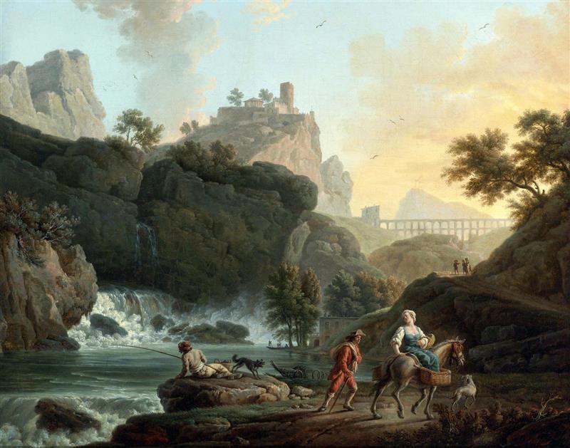 A Rocky Landscape with a Fisherman and Travellers by a River with a Waterfall