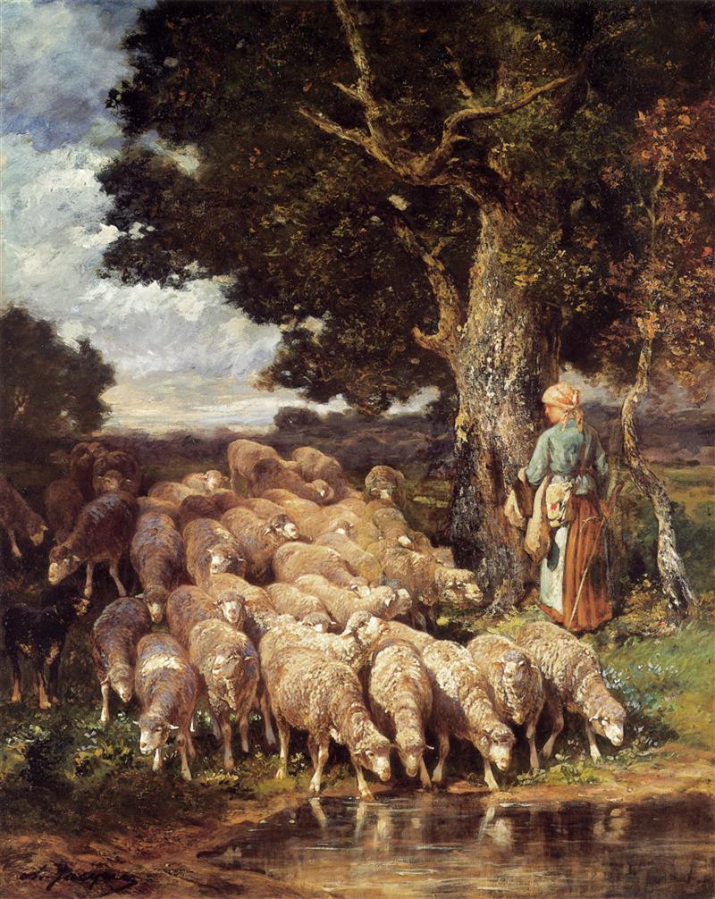 A Shepherdess with her Flock near a Stream