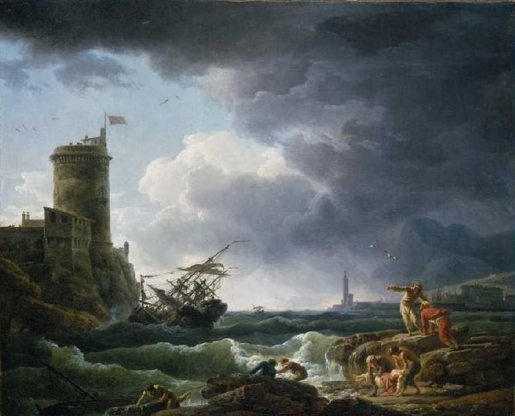 A Storm with Shipwreck by a Fortress, a Castaway in the Foreground