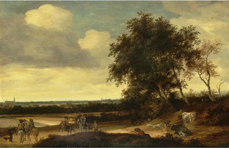 A landscape with cavaliers in the foreground, a church beyond