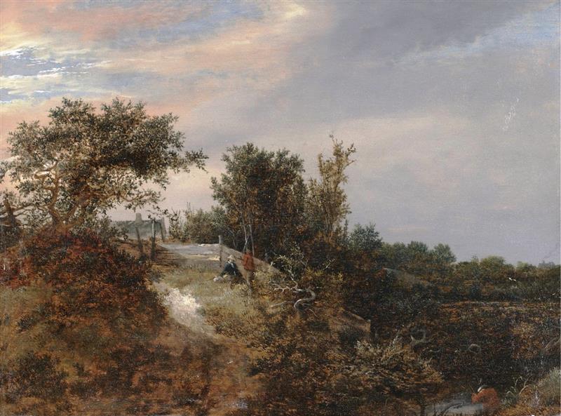 A landscape with two figures on a rise and a stream at right