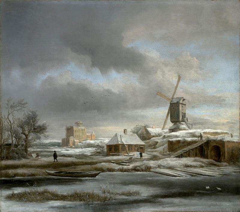 A winter landscape with a frozen canal and a windmill
