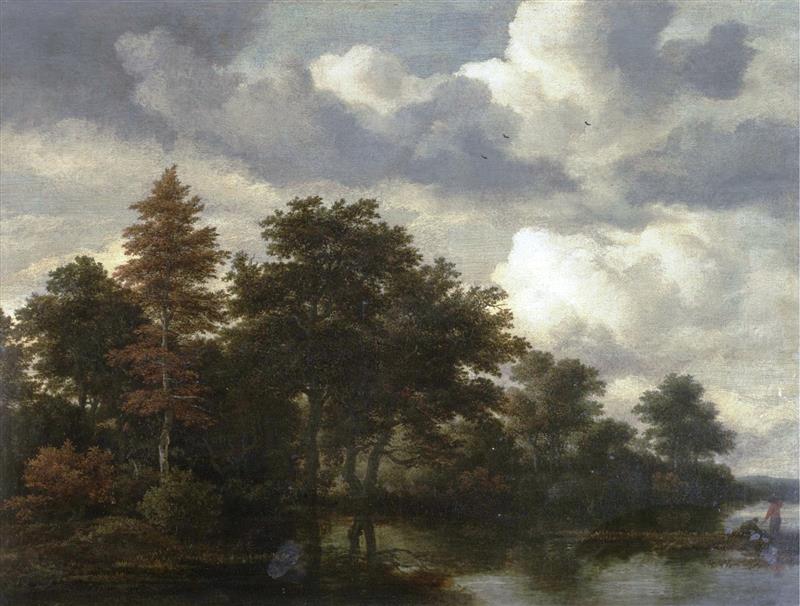 A wooded landscape with figures by a river