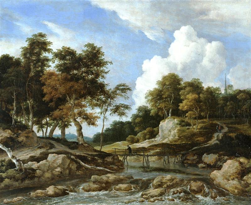 A wooded river landscape with a bridge, a church beyond