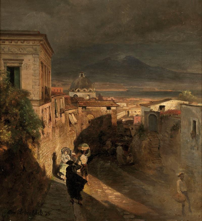 Altstadtgasse in Neapel mit Blick auf den Vesuv