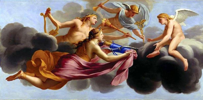 Amor empfängt die Huldigung Dianas, Apollos und Merkurs