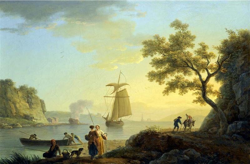 An Extensive Coastal Landscape with Fishermen Unloading their Boats