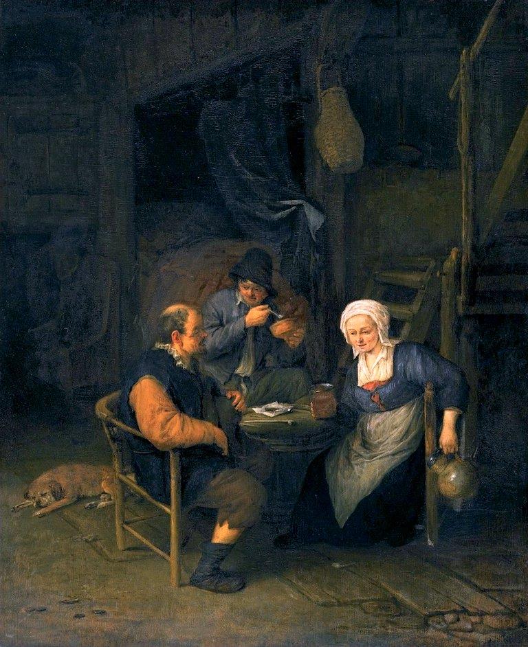 An Interior with Two Boors and a Woman Conversing, Smoking and Drinking at a Table