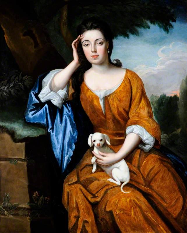 An Unknown Lady in an Orange Dress with a Lap Dog