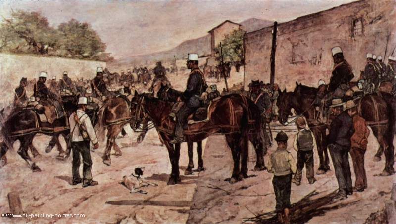 Artilleriecorps zu Pferd auf einer Dorfsstraße