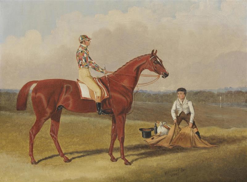 Barefoot, the Racehorse, with a Jockey Up and a Groom