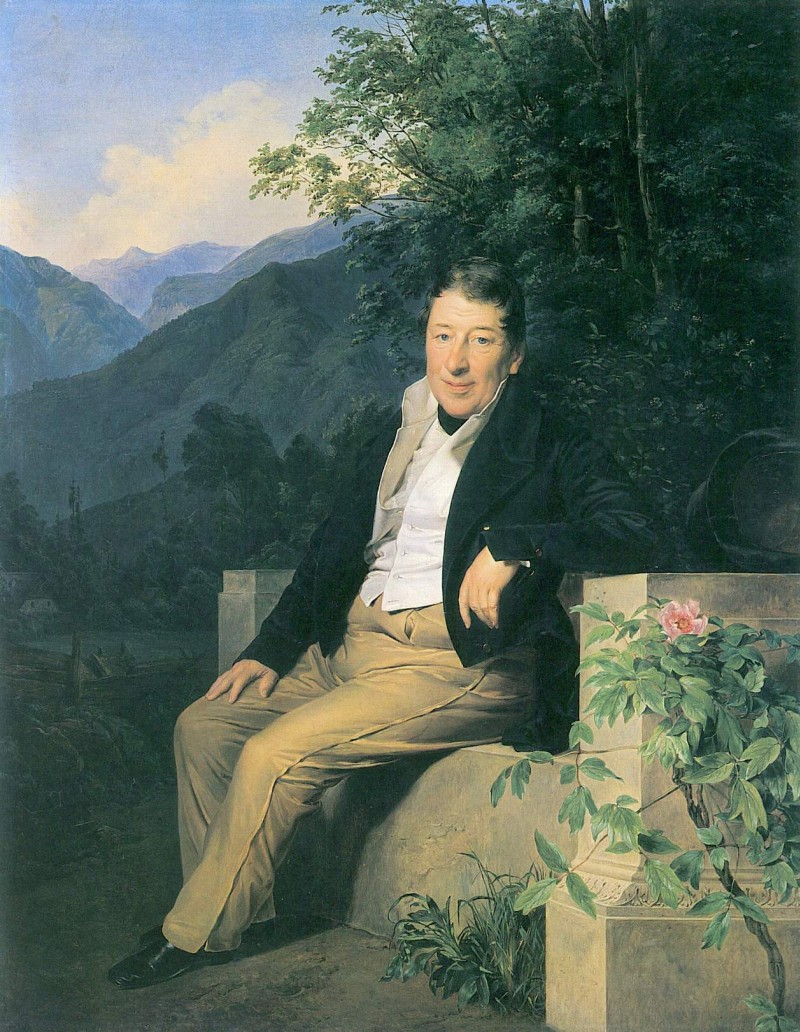 Bildnis des Freiherrn von Moser vor einer Salzkammergutlandschaft mit Loser und Sandling