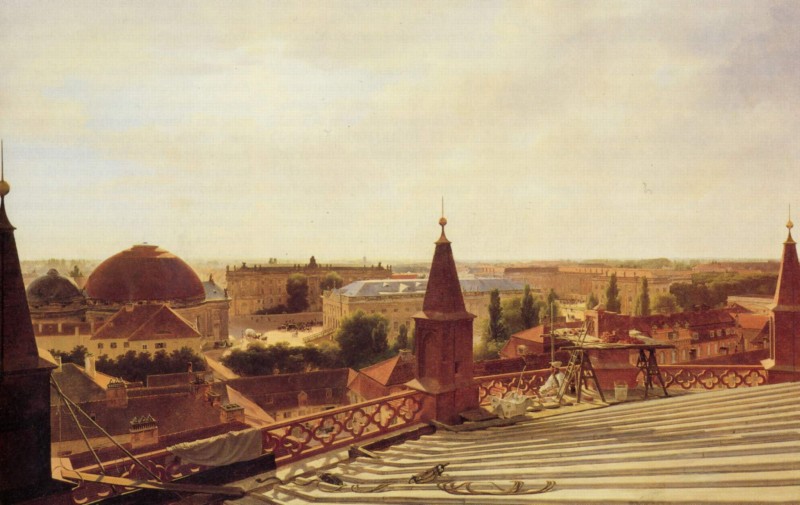 Blick vom Dach der Friedrichswerdeschen Kirche auf das Frierichsforum