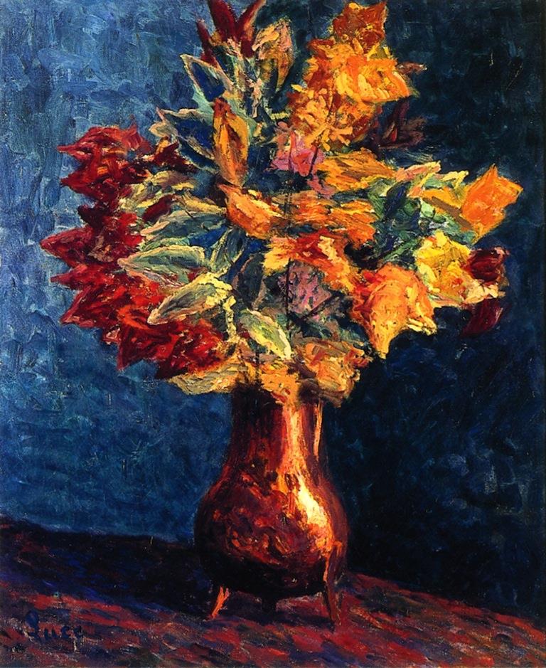 Bouquet of Autumn Leaves in a Copper Pitcher