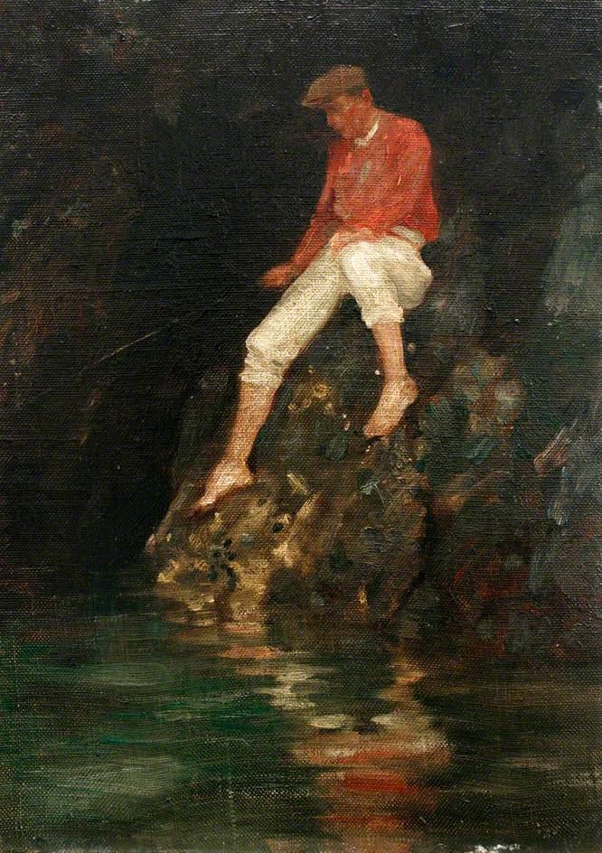 Boy Fishing on Rocks