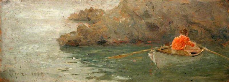 Boy Rowing out from Rocky Shore