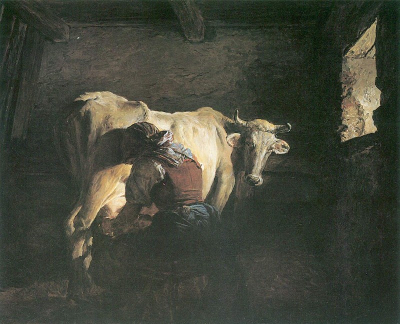Bäuerin eine Kuh melkend