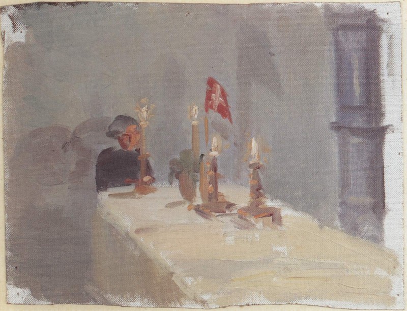 Der Geburtstag (Eine Frau am Ende eines Tisches mit Kerzen und Flagge)