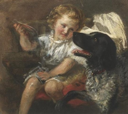 Die jüngste Tochter des Künstlers mit Hund