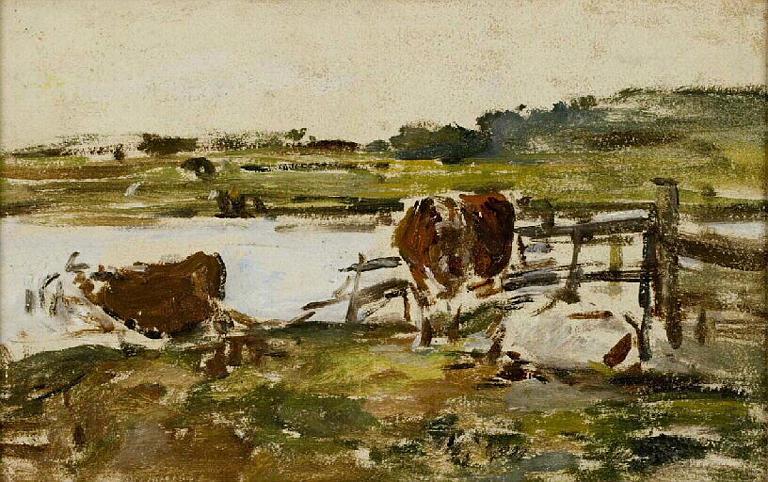 Fence near a Pond with Two Cows