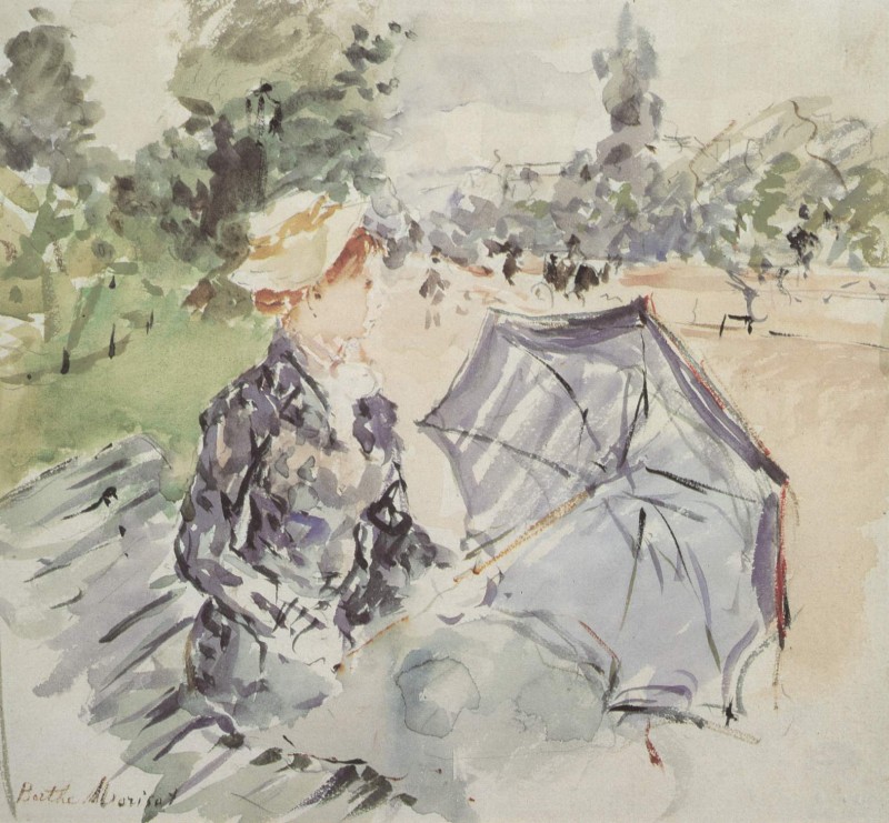 Frau mit Sonnenschirm im Park sitzend