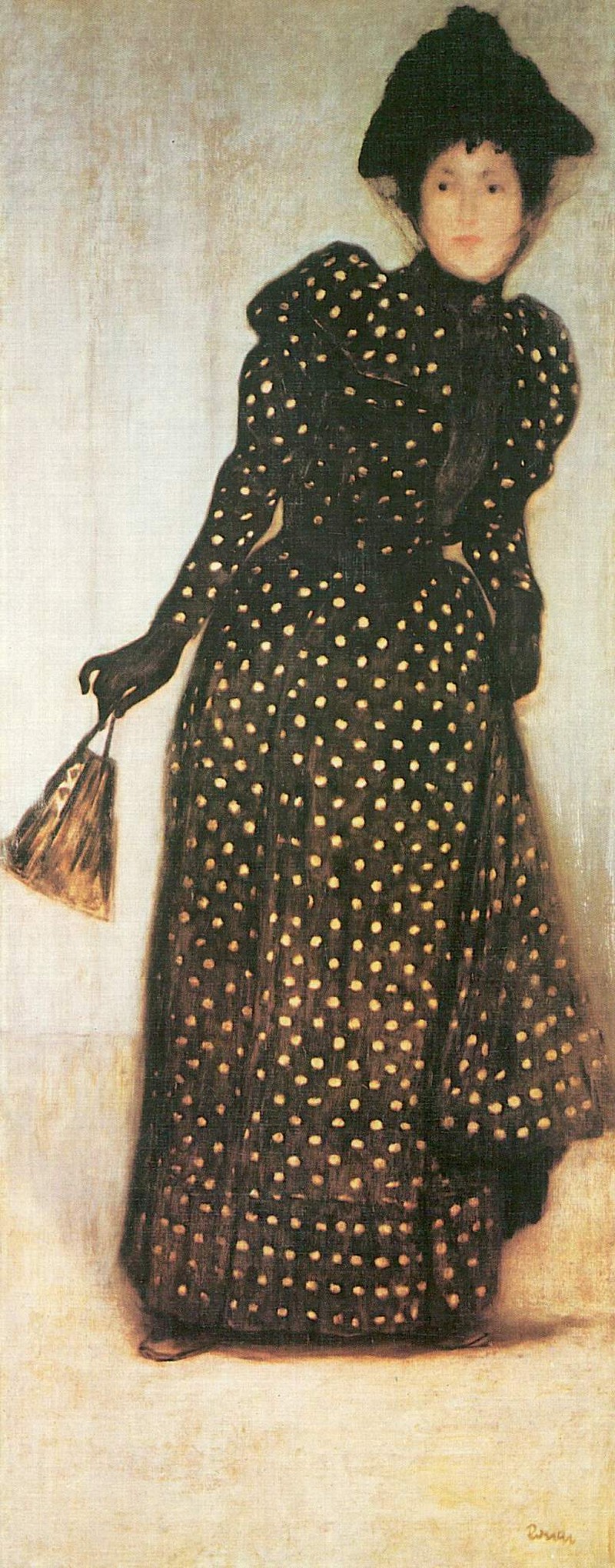 Frau mit weissgetupftem Kleid