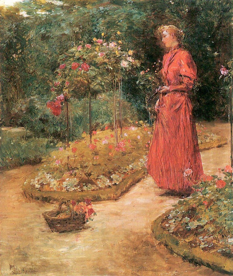 Frau schneidet Rosen in einem Garten