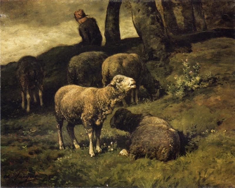 Grazing Sheep with a Sheperdhess Beyond