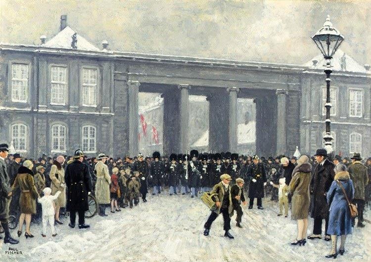 Guards walking into the square of Amalienborg Palace Copenhagen