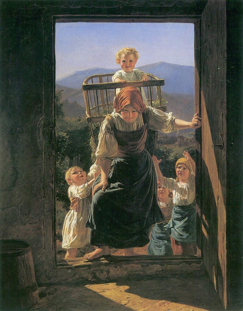 Heimkehrende Mutter mit ihren Kindern