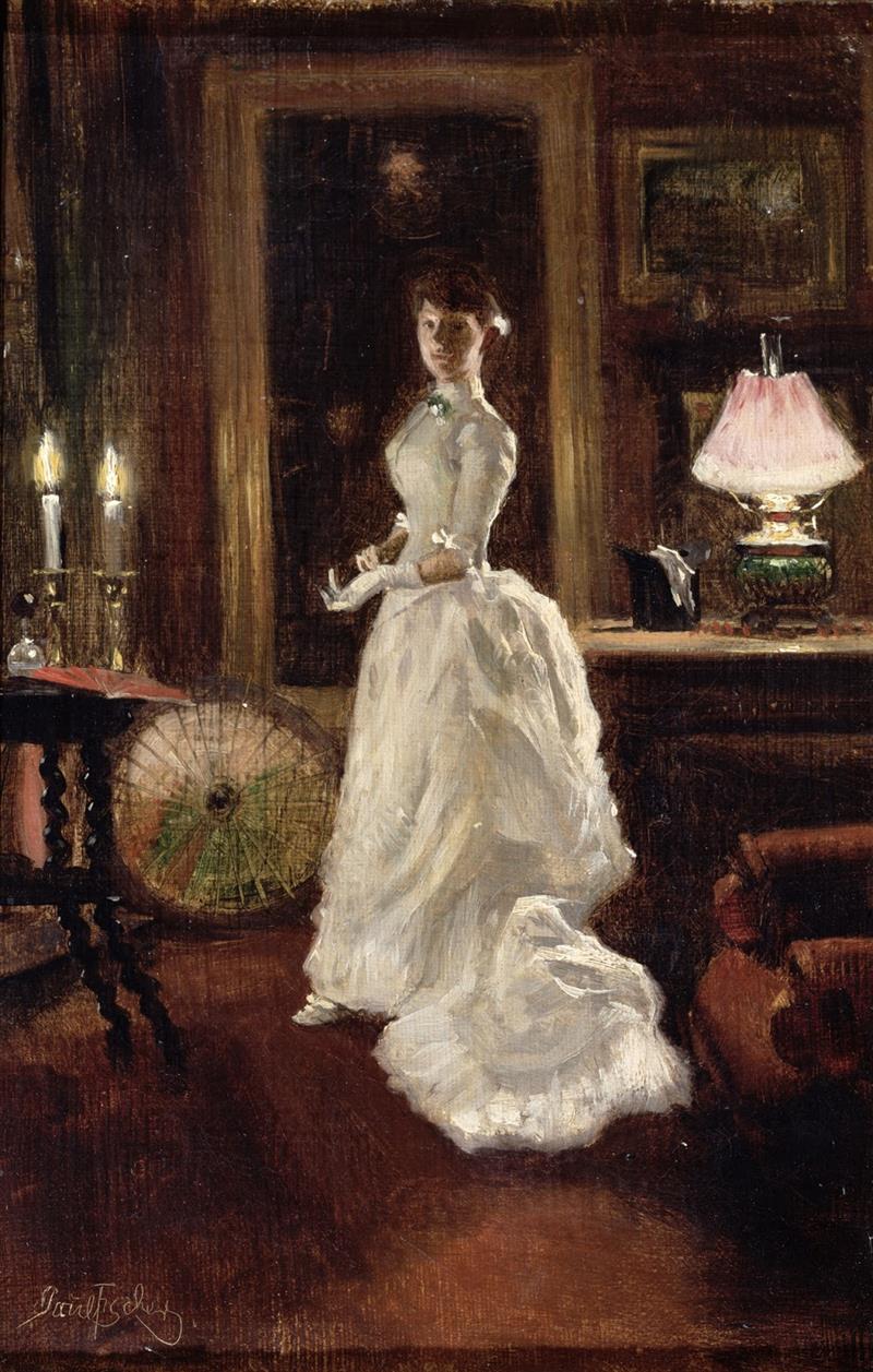 Interior scene with a lady in a white evening dress