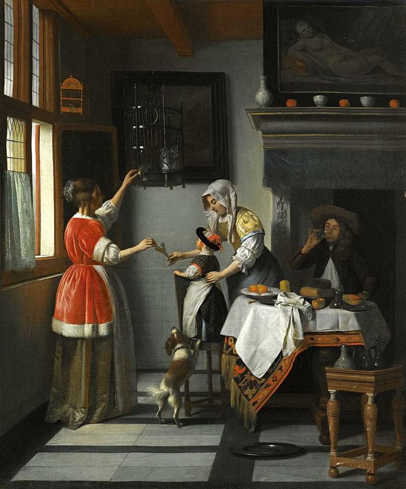 Interior with a Child Feeding a Parrot