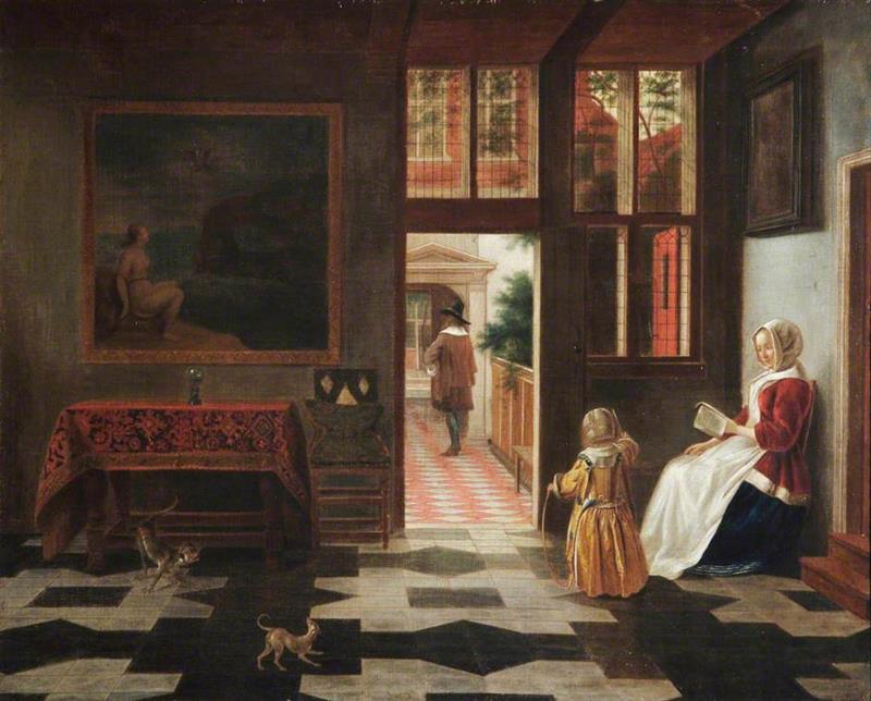 Interior with a woman reading and and a child with a hoop
