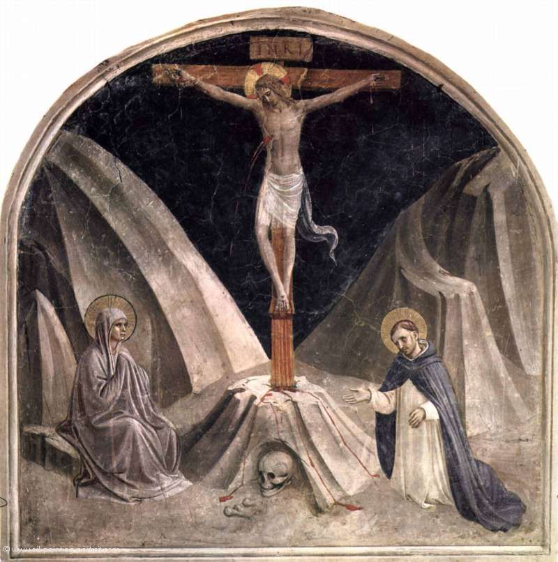 Kreuzigung mit Maria und Heiligem Dominikus, Golgathaberg und Schädel Adams