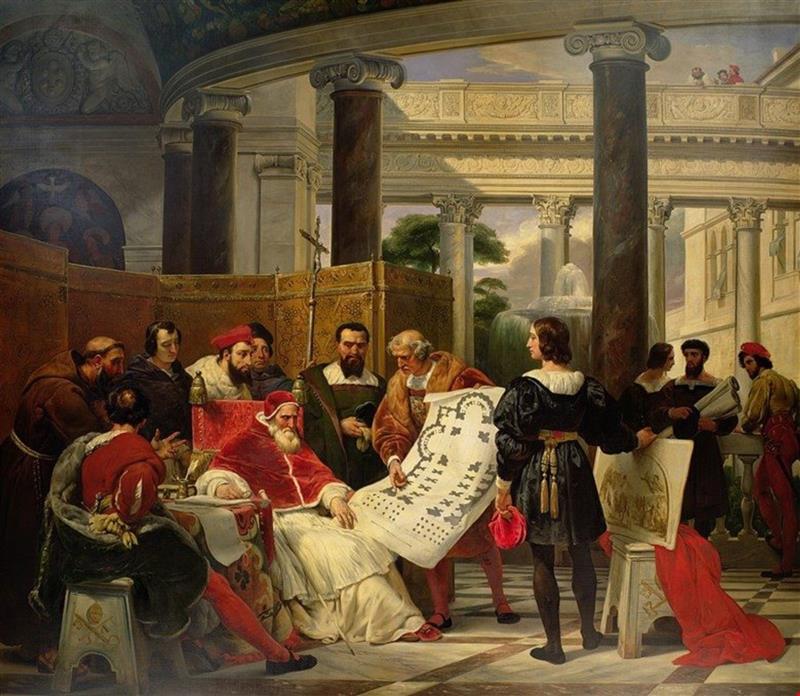 Pope Julius II ordering Bramante, Michelangelo and Raphael to construct the Vatican and St. Peter's