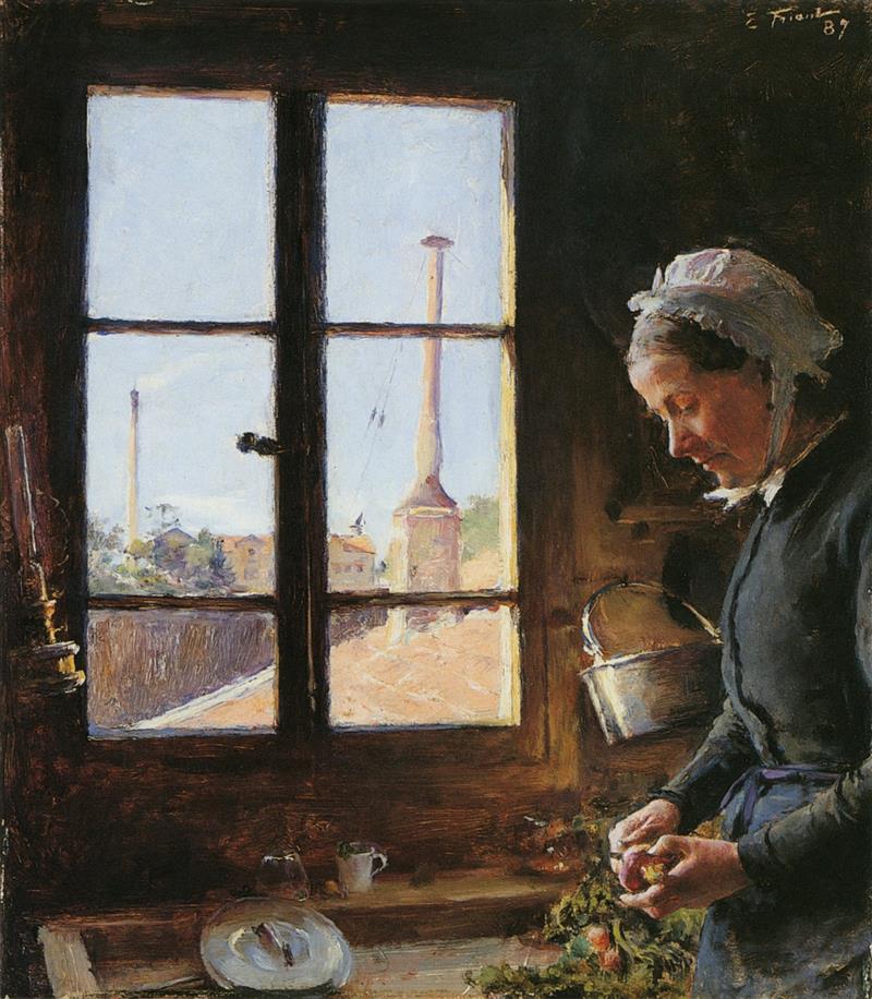 Portrait de sa mère épluchant un navet, devant une fenêtre
